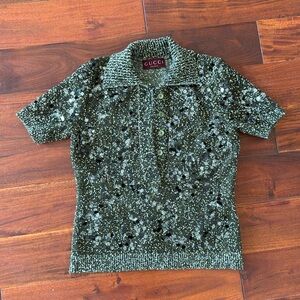 Gucci Green Sequin sweater polo, size M